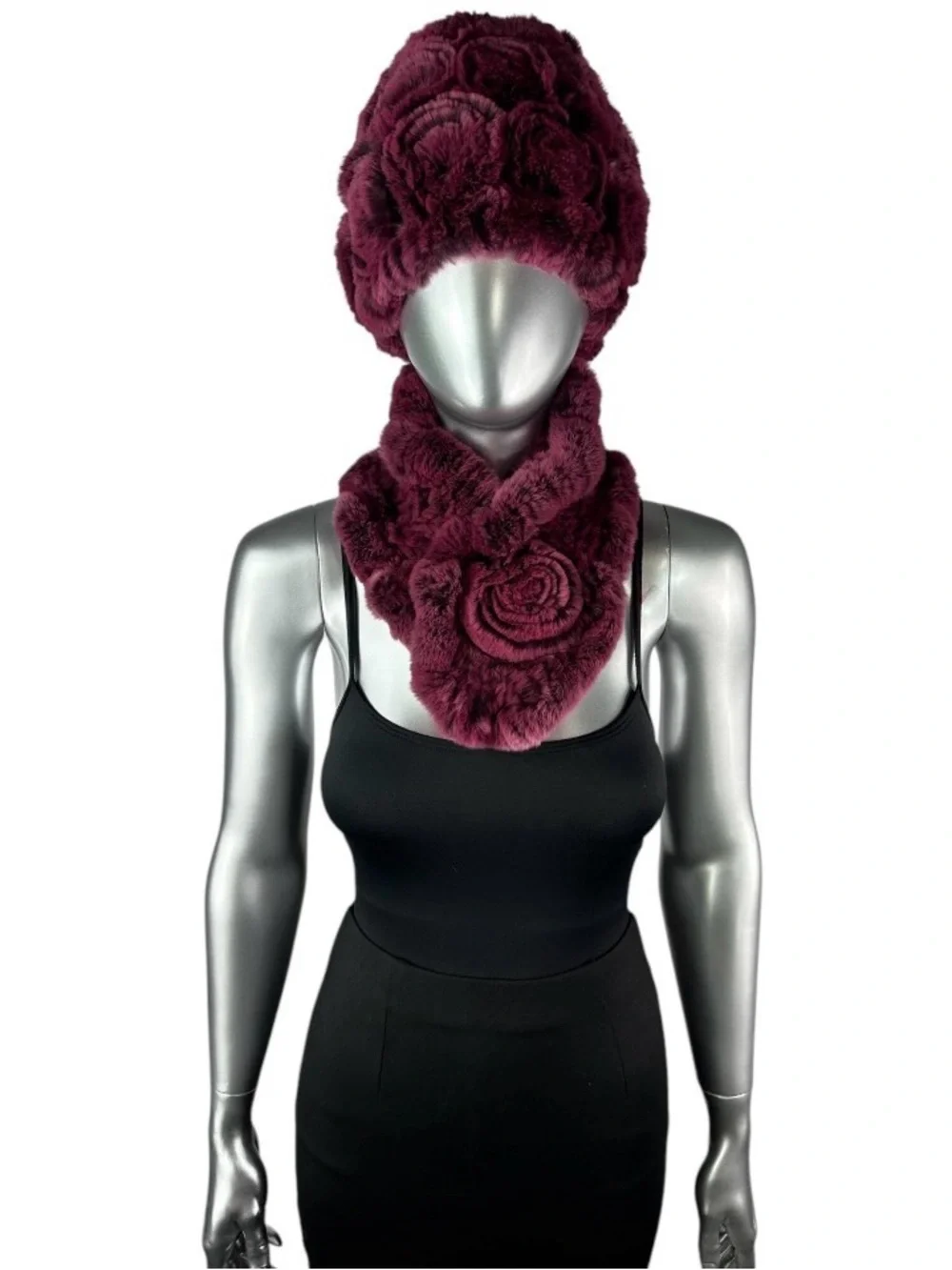 Rose REX RABBIT Hat and Scarf w/Rosettes, One Size 21”-23” w/Stretch, Certified